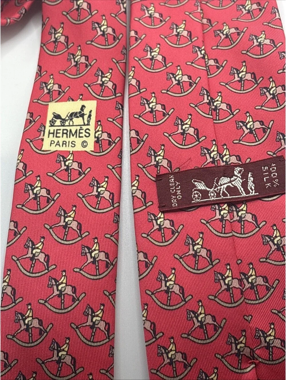 Hermes Red Tie Rocking Horse Scarf Print Made In France Authentic Vintage 7373